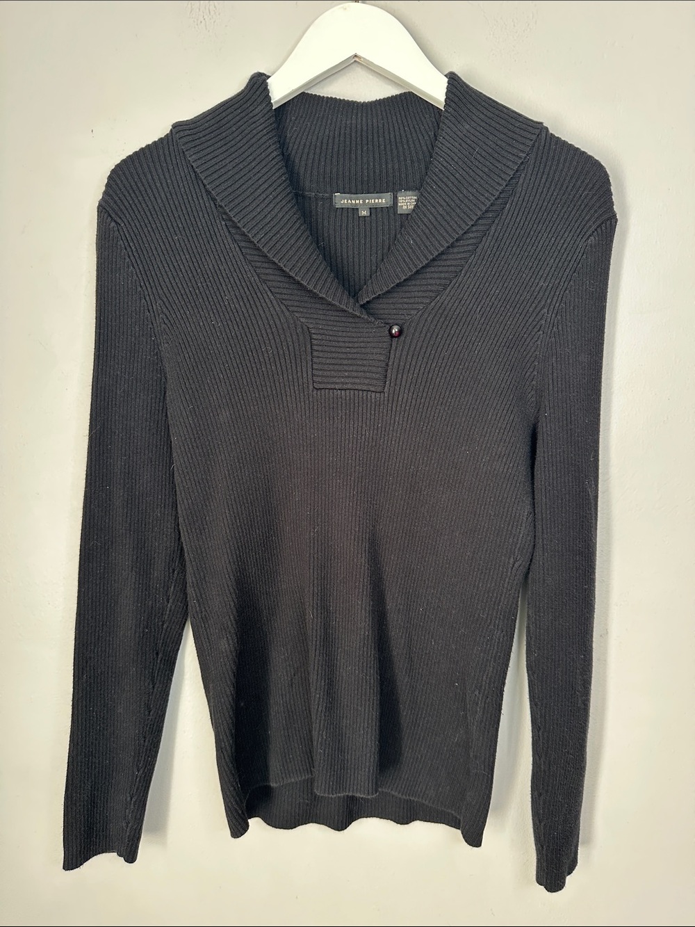 JEANNE PIERRE Black Ribbed Shawl-Collar Sweater size M